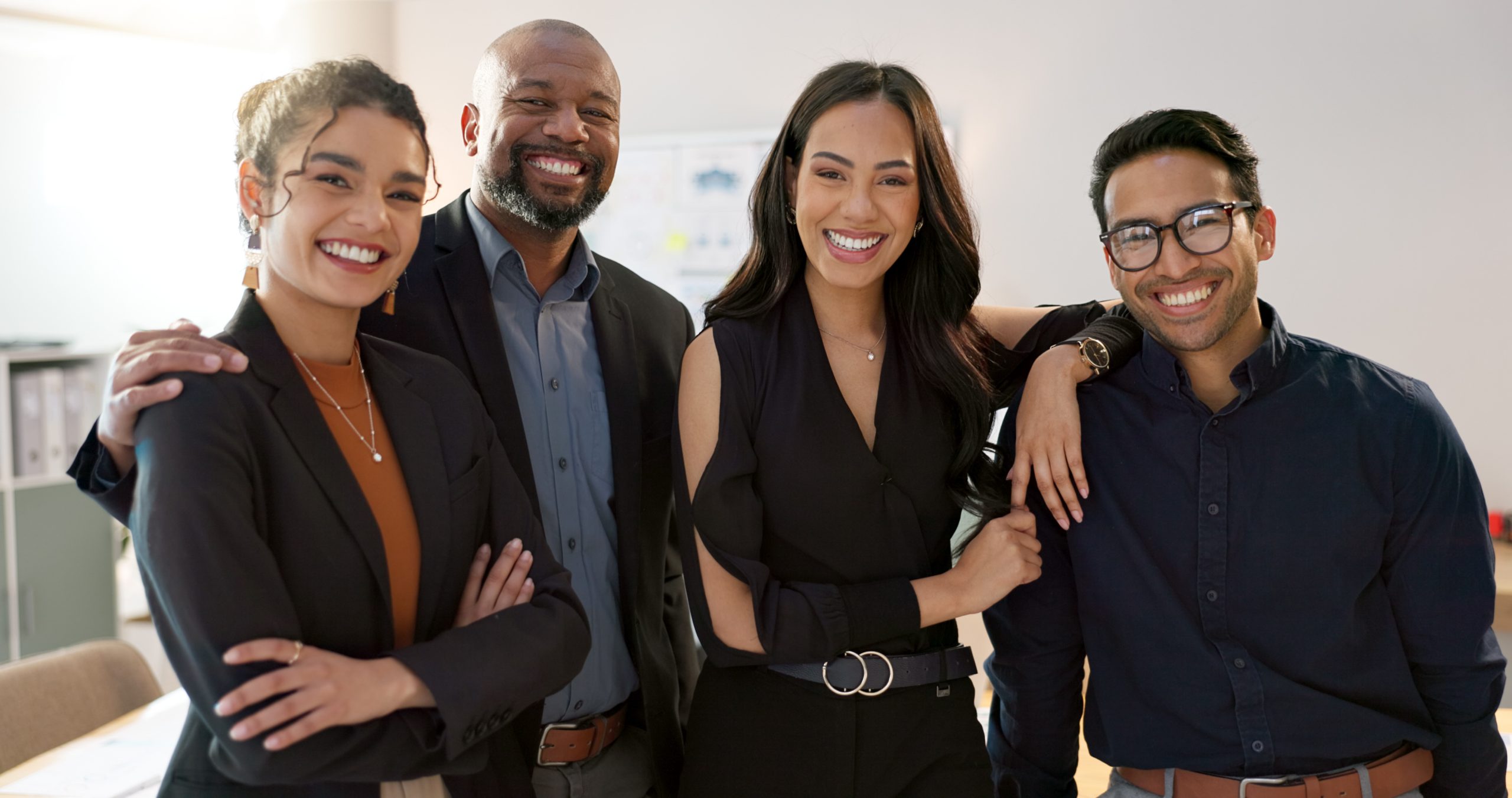 Face, business collaboration or employee diversity in workplace for teamwork or global startup. Team building, portrait or international workforce with support and solidarity in office with happiness.