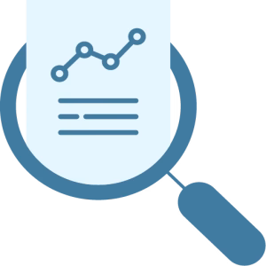 Magnifying glass examining a chart with a rising trend line